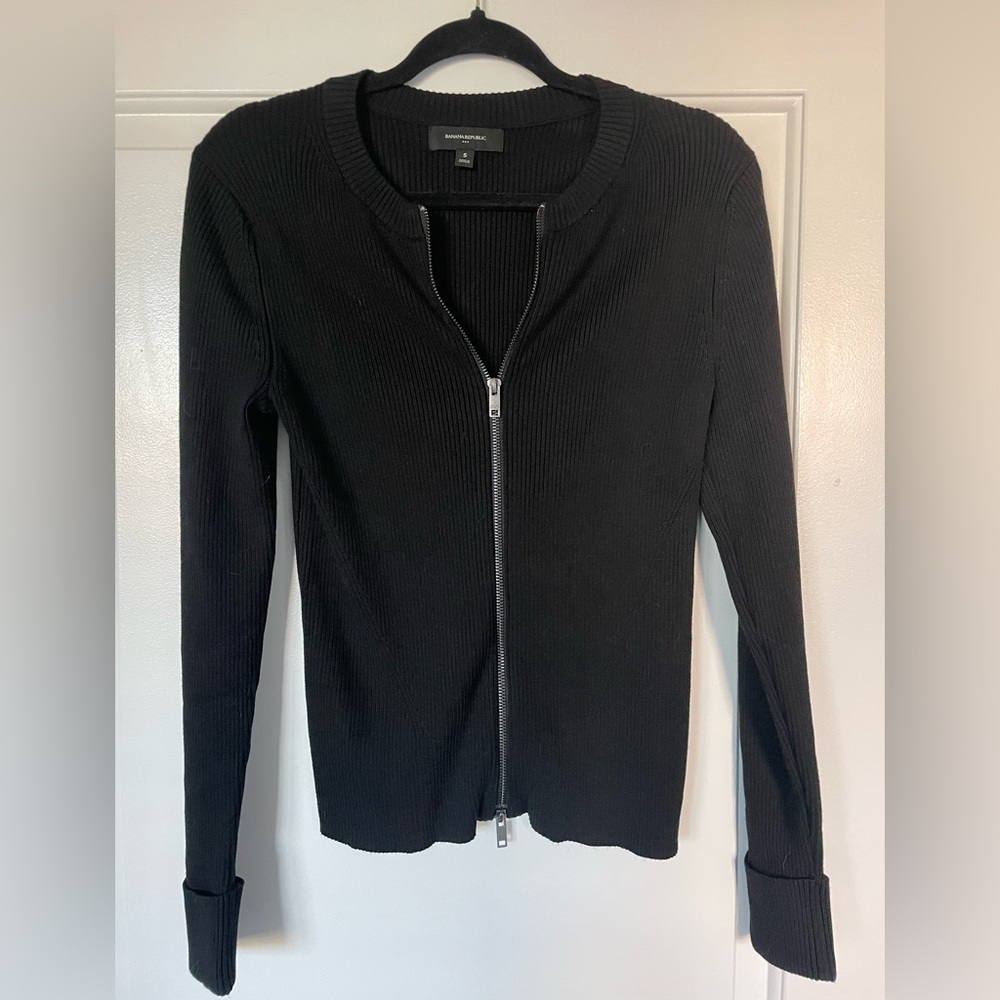 Banana Republic Double Zipper Black Ribbed Cardigan Sweater Small